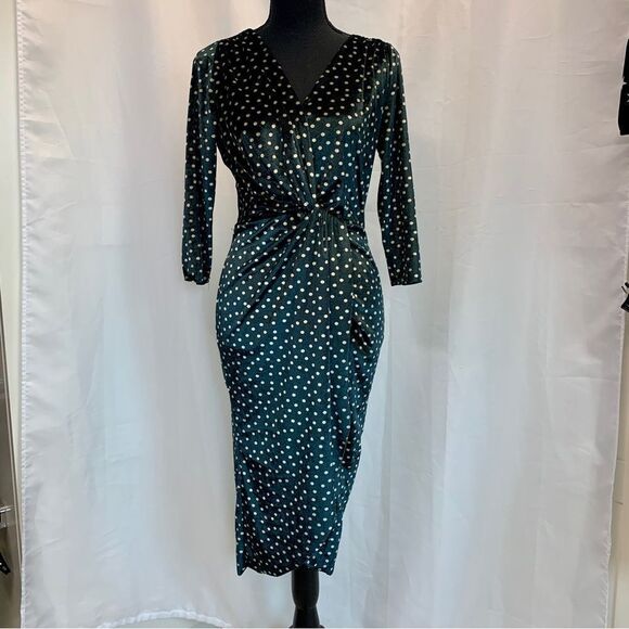 ZARA dark green cream velvet polkadot V-neck wrap dress ruched Sz S - Picture 4 of 11